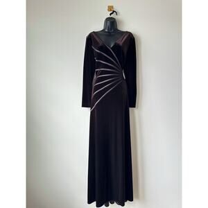 Vintage 90s Tadashi Velvet Maxi Dress Brown Ruched Waist Formal Gown Minimalist